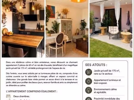 appartement 3 pièces rez-de-jardin  60m2  immeuble 2022