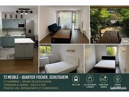 ⭐ t3 meublé – quartier fischer – 2 chambres – bus à 2 min