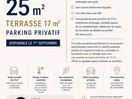 studio meublé avec terrasse de 17 m² et parking privatif