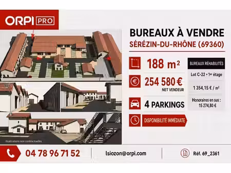 vente bureaux serezin du rhone 69360 188m²