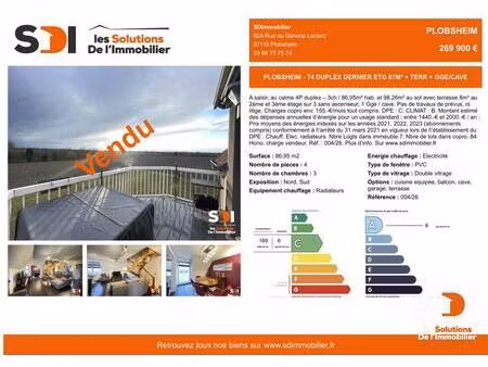 plobsheim - t4 duplex dernier etg 87m² + terr + gge/cave - plobsheim