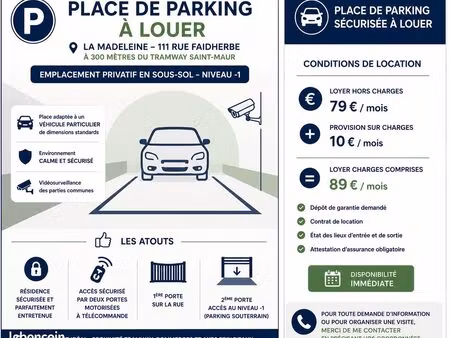 place de parking sécurisée à louer – la madeleine - tram saint-maur