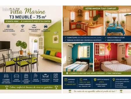 villa marine | t3 meublé tout confort de 75 m² à sainte-anne / eau / edf / wifi compris