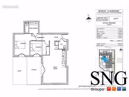 appartement 3 pièces 64 m²