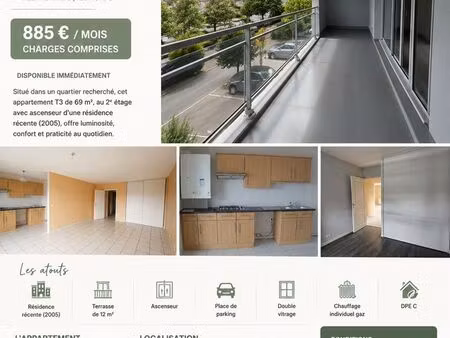 t3 lumineux 69 m² – terrasse – parking – cesson-sévigné