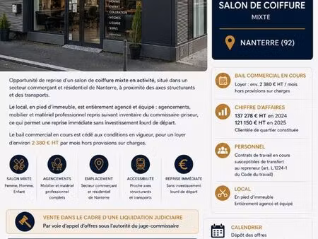 fonds de commerce  salon de coiffure nanterre