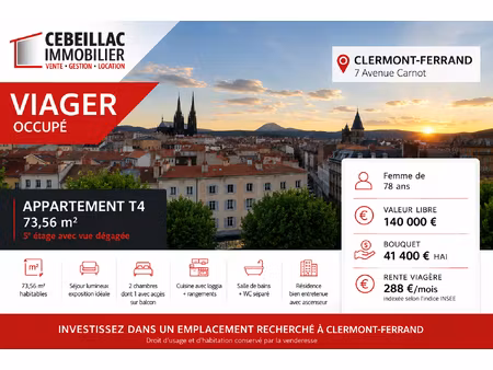 viager occupé - clermont-ferrand centre - appartement t4 de 73 56 m² avec vue dégagée