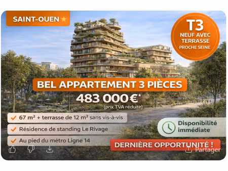 vente appartement 3 pièces 68 m² à saint-ouen (93400)  383 000 €