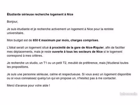 étudiante sérieuse recherche logement à nice