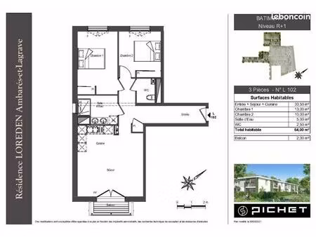 appartement 3 pièces 64 m²