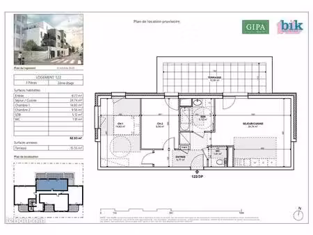 appartement 3 pièces 63 m²