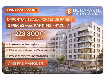 vente appartement 2 pièces 48 m² à epinay-sur-seine (93800)  228 000 €