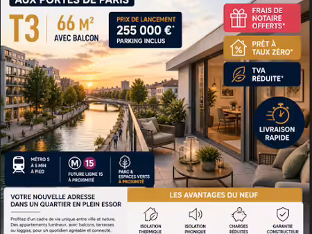 vente appartement 3 pièces 66 m² à bobigny (93000)  235 000 €