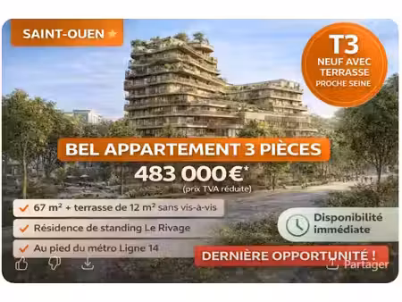 vente appartement 3 pièces 68 m² à saint-ouen (93400)  383 000 €