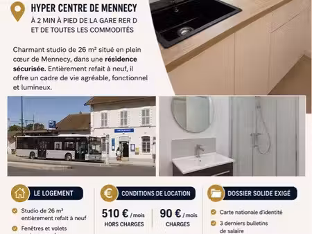 studio 26 m² rénové - hyper centre mennecy - gare rer d à pieds