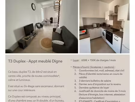 location t3/4 duplex meublé digne