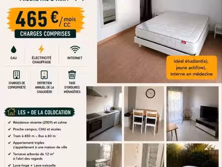 appartement 13.29m2 + terrasse clôturée et arborée proche fac et tram