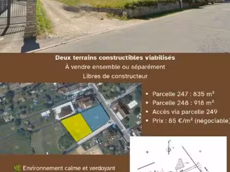 2 terrains constructibles viabilisés 835 et 918 m² – ensemble ou séparément – varennes-le-
