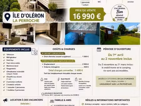 vente flash – mobil-home île d’oléron à 4 min de la plage – 16 990