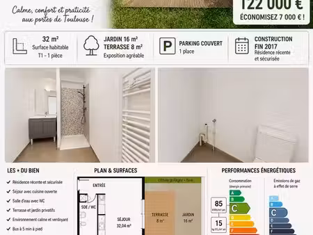 vend t1 de 32 m 2 en rdc avec bel exterieur + parking