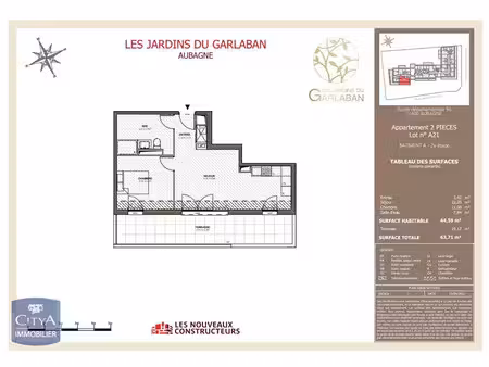 appartement à louer 2 pièces 44.59 m² - aubagne (13) - 800€