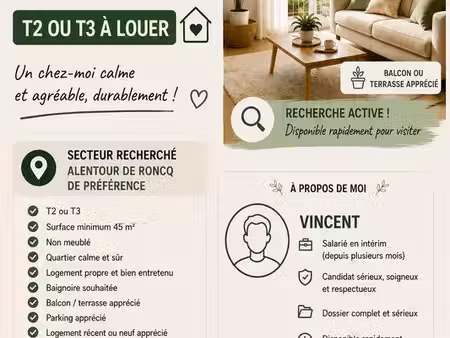 recherche t2 ou t3 à louer – roncq et alentours – non meublé