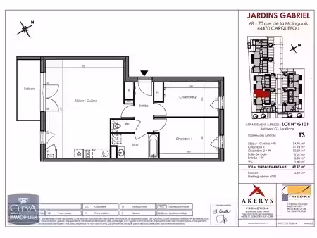 appartement à louer 3 pièces 69.37 m² - carquefou (44) - 819€