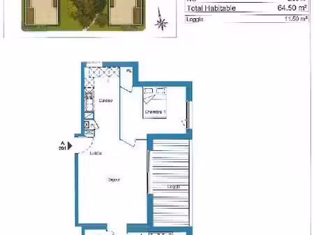 appartement 3 pièces 64 m²