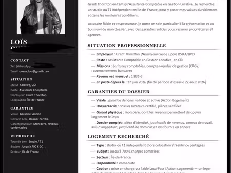 jeune active cherche studio/t1 en île de france - dossier solide