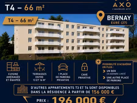 vente appartement bernay  65m² 4 pièces 196 000€ avec terrasse