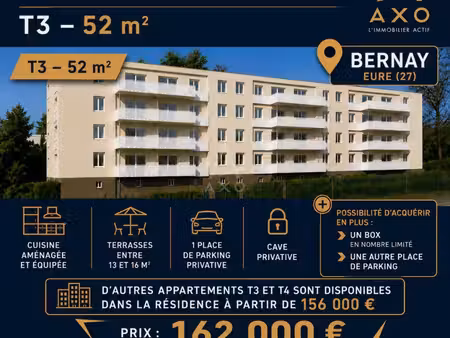 vente appartement bernay  52m² 3 pièces 162 000€ avec terrasse