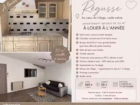 à louer à l’année – appartement meublé 53 m² – régusse