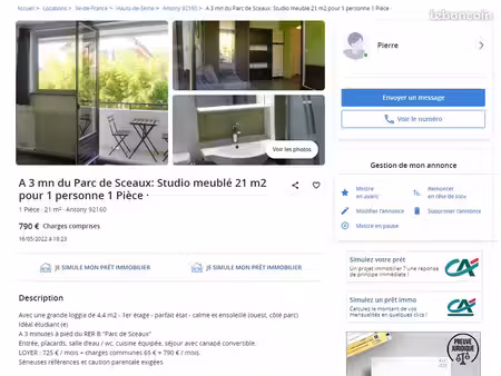 a 3 mn du parc de sceaux: studio meublé 21 m2