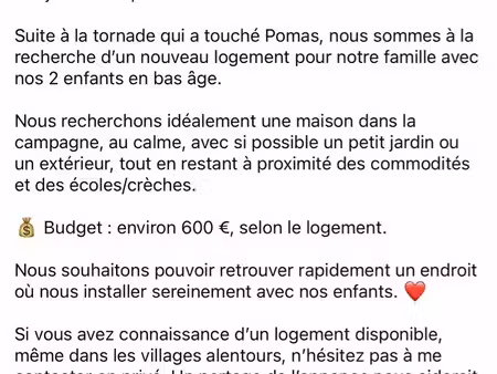 urgent chercher maison à louer suite à la tornade de pomas