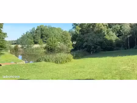 etang sur terrain arboré avec bâtiment
