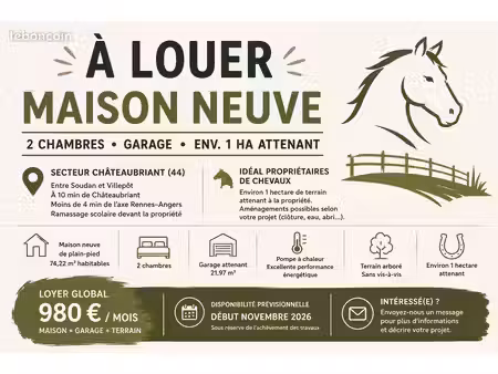 maison neuve 2 chambres + garage + env. 1 ha – 10 min châteaubriant première location – di