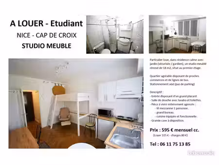 etudiant(e) - studio meublé à louer - nice cap de croix - loyer + charges 595 mensuel