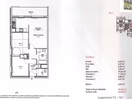 appartement 3 pièces 60 m²