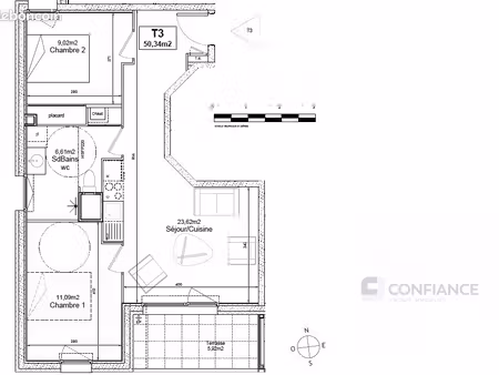appartement 2 pièces 50 m²