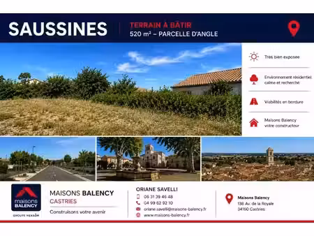 vente terrain 520 m² à saussines (34160)  173 900 €