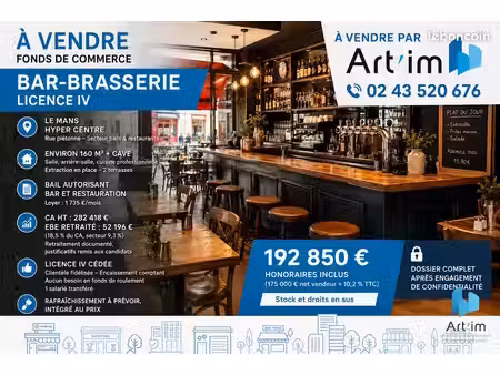bar-brasserie  fonds de commerce 140 m² le mans