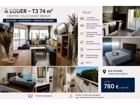 t3 74 m² – centre-ville saint-brieuc – balcons  ascenseur et parking sécurisé