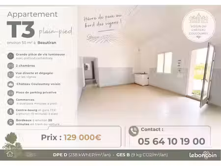 appartement face aux vignes à beautiran