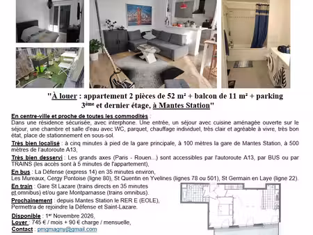 appartement 2 pièces de 52 m² + balcon 11m² + parking