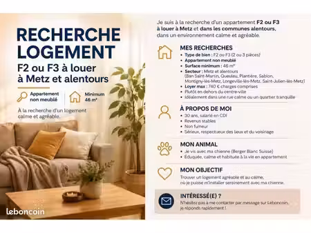 recherche f2 / f3 non meublé – metz et alentours – cdi