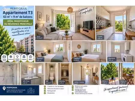 appartement t3 – 63 m² – 2 balcons 9m² – parking – dpe c – idéal investisseur