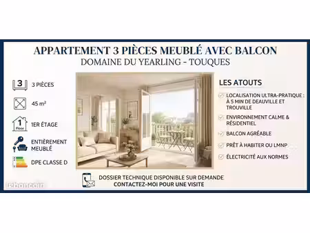 appartement 3 pièces meublé 45 m² avec balcon – domaine du yearling à touques près de deau