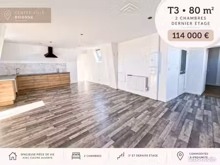 appartement t3 80 m² – 2 chambres – dernier étage – centre-ville brionne