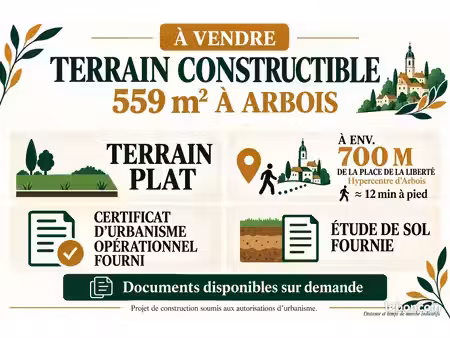 terrain constructible 559 m² – arbois – plat  proche centre