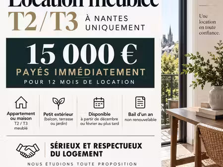recherche t2 / t3 meublé – nantes – 12 mois de loyer payés d’avance